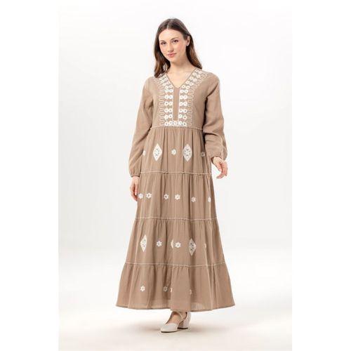 Uzun Kol Yakamoz V Yaka Nakışlı Şile Bezi Uzun Pullu Elbise Humus hms