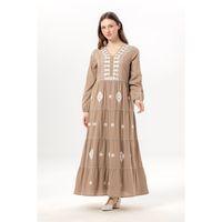 Uzun Kol Yakamoz V Yaka Nakışlı Şile Bezi Uzun Pullu Elbise Humus hms