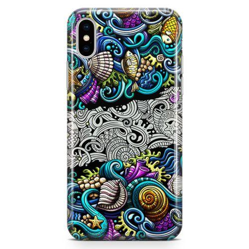 Apple iPhone X Kılıf Deniz Mahsulleri Doodle Arka Kapak Koruma Desenli Full Koruyucu