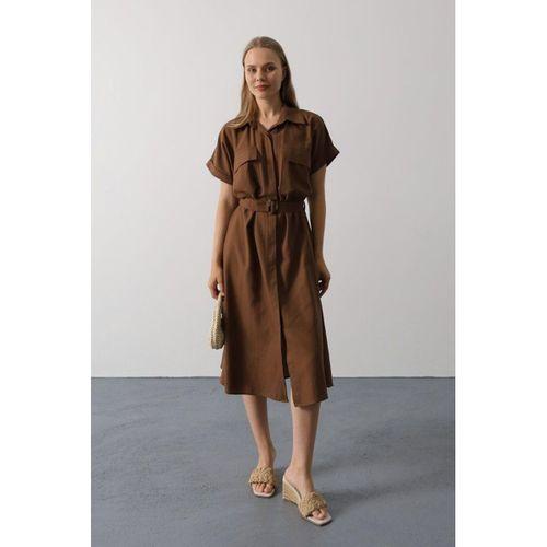 Kuşaklı Cep Detaylı Yarım Kol Elbise - Kahve