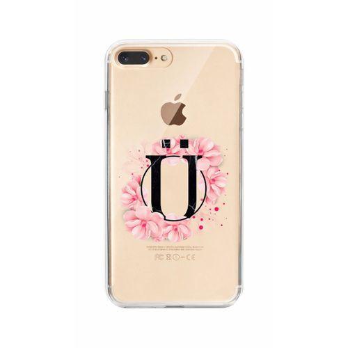 iPhone 8 Plus Pembe Çiçek Desen Ü Harfli Şeffaf Kılıf