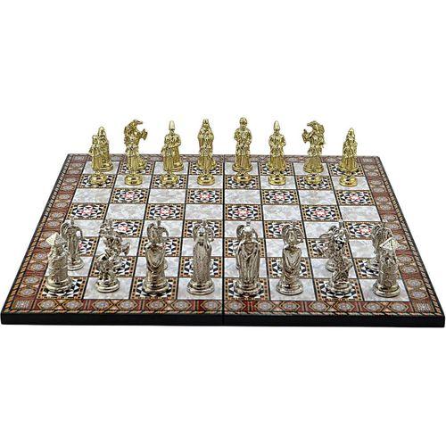 1295 Büyük Boy Metal Osmanlı Bizans Satranç Takımı Parlak Ve Katlanır Sedef Desenli Tahtası, 43 x 43 x 1.2 cm