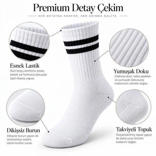 Unisex Beyaz Çorap Siyah Çizgili 12'li Set Uzun Soket Günlük Spor Kolej Stil Kadın Erkek Çorabı