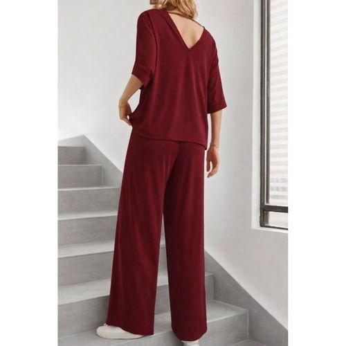Kadın Kısa Kollu V Yakalı Viskon Bluz Ve Pantolon Ikili Takım