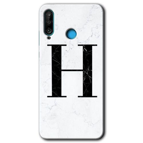 Potkal Hediye Fabrikası Huawei P30 Lite HD Baskılı Kılıf + 9D Tam Ekran Koruyucu - Beyaz Mermer Desenli H Harfi