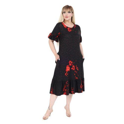 Melsay Butik Kolları ve Eteği Fırfırlı Kırmızı Puanlı Gelincik Desen Cepli Kadın Elbise