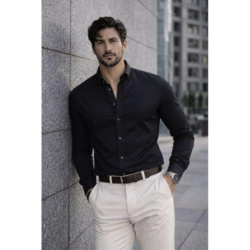 Likralı Regular Fit Nefes Alabilir Klasik Erkek Oxford Gömlek - Siyah