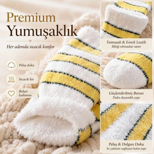 Peluş Çizgili Kadın Uyku Çorabı 36-40 Yumuşak Sıcak Tutan Sıkmayan Ev Çorabı Sarı Beyaz