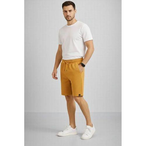 Erkek Otoban Dokuma Şort Beli Lastikli Bağcıklı, Cepli, Rahat Kesim Günlük Yazlık Şort - Hardal