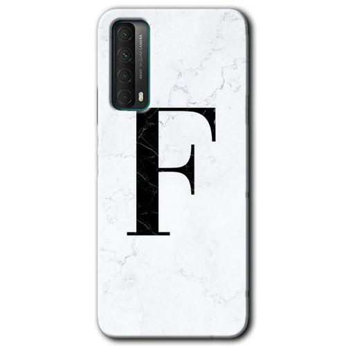 Huawei P Smart 2021 Kılıf Baskılı Kapak - Beyaz Mermer Desenli F Harfi + 5D Tam Kaplayan Cam
