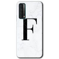 Huawei P Smart 2021 Kılıf Baskılı Kapak - Beyaz Mermer Desenli F Harfi + 5D Tam Kaplayan Cam
