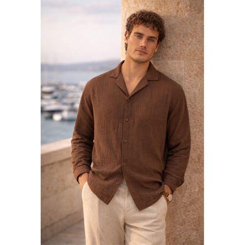 Apaş Yaka Oversize Müslin Kumaş Gömlek - Kahve