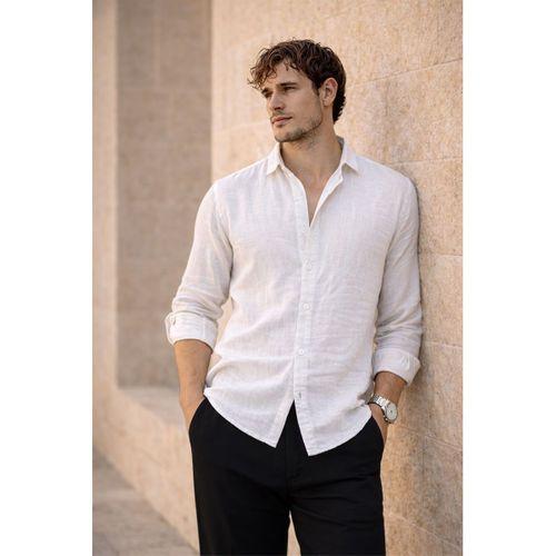 Nefes Alabilir Yarım Oversize Müslin Kumaş Uzun Kol Yakalı Erkek Gömlek - Beyaz