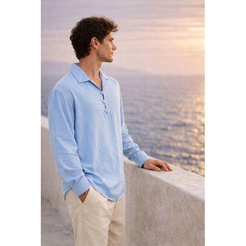 Baldwin Apaş Yaka Britli 3 Düğmeli İnce Modal Kumaş Oversize Uzun Kollu Yazlık Erkek Gömlek - Soğuk Mavi
