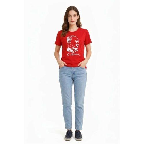 Atatürk Baskılı Tişört Kısa Kollu Bisiklet Yaka  T-Shirt - Kırmızı