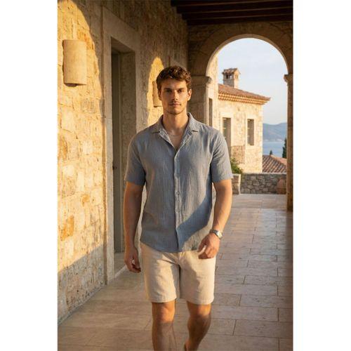 Yarım Oversize Apaş Yaka Kısa Kol Müslin Kumaş Erkek Gömlek - Soğuk Mavi