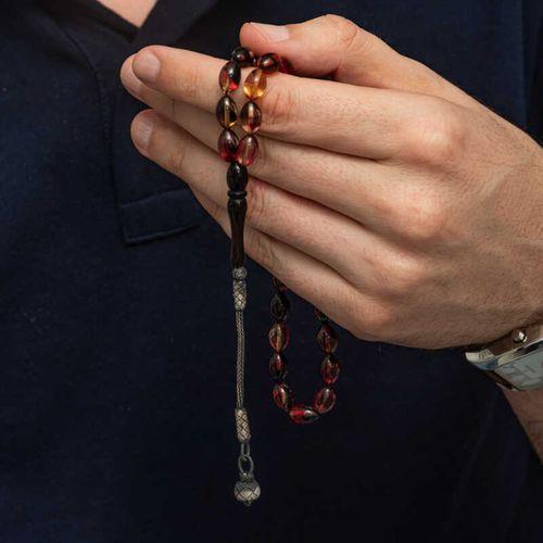 Gümüş Kazaz Püsküllü Sarı Siyah Kırmızı Sıkma Kehribar Tesbih