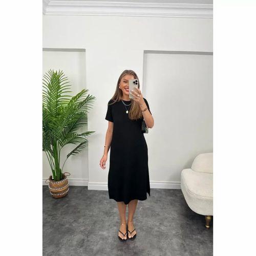 Lucky Life Kadın Viskon Kumaş Kısa Kollu çift Yırtmaç Detaylı Salaş Elbise