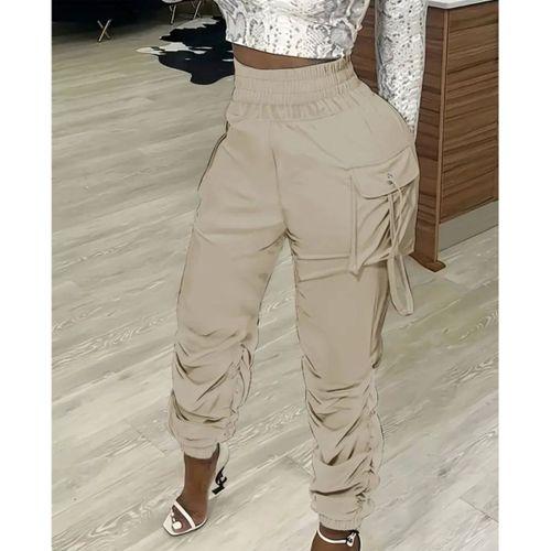 Kadın Yüksek Bel Beli Lastikli Kargo Cep Detaylı Gabardin Pantolon