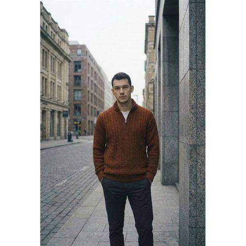 Bardem Saç Örgülü Yarım Fermuar Erkek Triko Kazak - Kahve