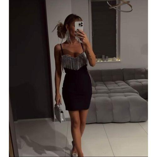 Kadın Omuz Askılı Taş Detay Mini Elbise