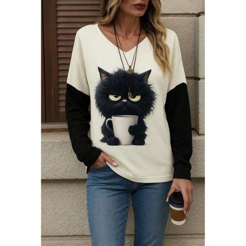 Kadın Uzun Kollu V Yakalı Kedi Baskılı şardonlu Dalgıç Bluz