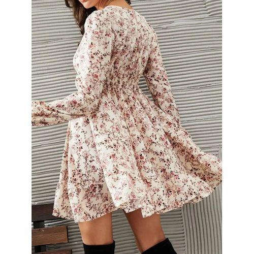 Kadın Uzun Kollu Dantel V Yakalı Mini Desenli Süprem Elbise