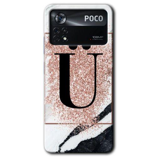 MRCİLETİSİM Poco x4 Pro Kılıf HD Desen Baskılı Arka Kapak + Temperli Cam - Pembe Mermer Desenli Ü Harfi