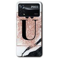 MRCİLETİSİM Poco x4 Pro Kılıf HD Desen Baskılı Arka Kapak + Temperli Cam - Pembe Mermer Desenli Ü Harfi
