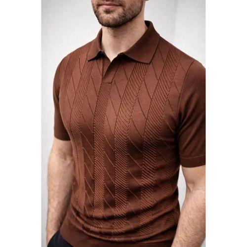Erkek Yazlık Triko Dokuma Tişört Kısa Kol Polo Yaka T-Shirt - Kahverengi