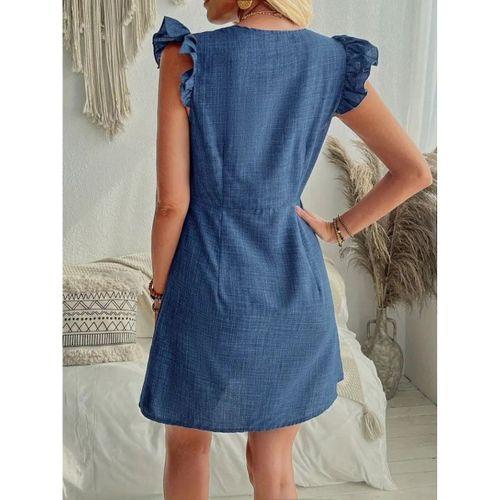 Kadın Fırfır Kollu V Yakalı Düğmeli Keten Elbise