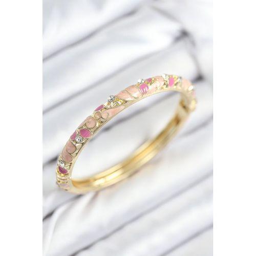 Mineli Pirinç Zirkon Taşlı Pembe Çiçek Motifli Gold Kadın Kelepçe
