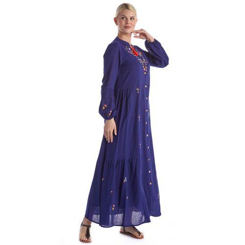 Uzun Kol Mor Nakışlı Püskül Bağcıklı Hakim Yaka Yazlık Şile Bezi Uzun Elbise