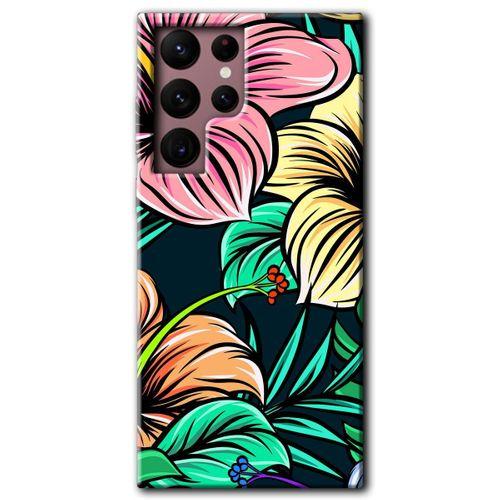 MRCİLETİSİM Samsung Galaxy S22 Ultra Kılıf HD Desen Baskılı Arka Kapak + Temperli Cam - Çizim Çiçekler