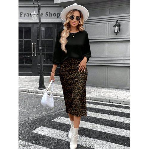 Kadın Uzun Kollu Bisiklet Yaka Modal Bluz Ve Leopar Desenli Etek Ikili Takım