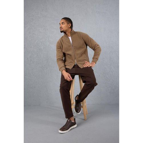 Ron Selanik Örme İçi Peluş Çift Fermuarlı Sweatshirt Vizon - Milos Kaşe Kumaş Jogger Pantolon Kahve