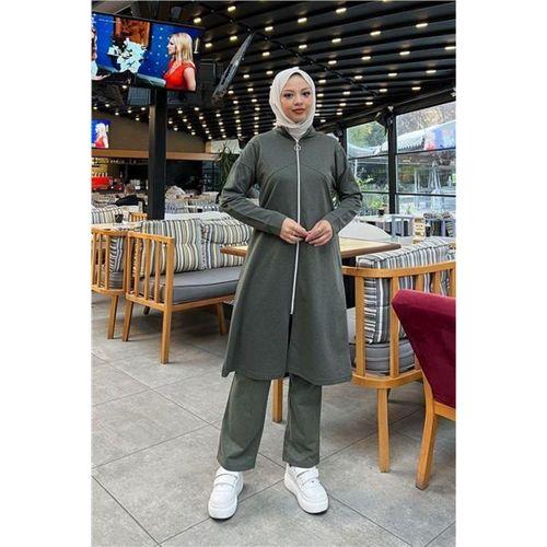 Göğüsten Detaylı Fermuarlı Sade Basic Eşofman Spor İkili Takım - 03063.005 - Haki