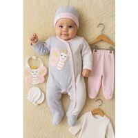 Kelebek Nakışlı Tulumlu % 100 Pamuk Kız Bebek 5'li Set