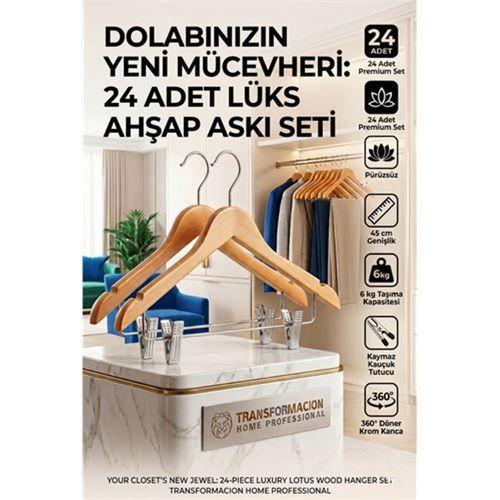 24'lü Ahşap Takım Elbise Askısı Seti | Kıskaçlı Pantolon Askısı Kaymaz Çentikli Ceket Askılığı 723124
