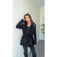 Kadın Uzun Kollu önü Fermuarlı File Detaylı Belden Bağcıklı Kısa Modal Ceket