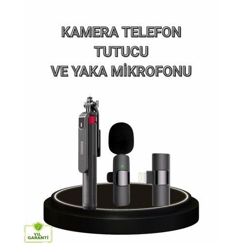 Vlog Ve Canlı Yayın İçin Çift Yaka Mikrofonu Ve Tripodlu Selfie Çubuğu Seti