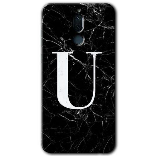 MRCİLETİSİM Huawei Mate 10 Lite Kılıf Baskılı Kapak - Siyah Mermer Desenli U Harfi + 5D Tam Kaplayan Cam