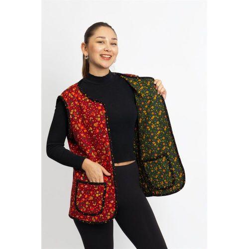 Kolsuz Meryem Çift Taraflı Cepli Pazen Kışlık Yelek Papatya Yeşil/Bordo PptyYşl