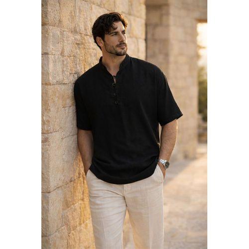 Wes Oversize Yarım Pat Bambu Kısa kol Gömlek - Siyah