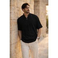Wes Oversize Yarım Pat Bambu Kısa kol Gömlek - Siyah