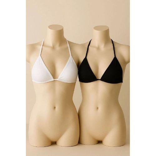 Siyah Ve Beyaz 2’li Üçgen Bikini Üstü Seti Bağlamalı Minimal Kesim Esnek Kadın Mayo Üstü