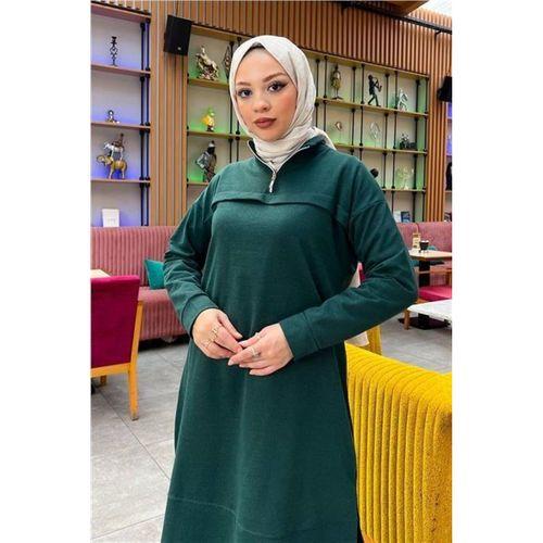 Dik Yaka Kısa Fermuarlı Yırtmaçlı Sade Basic Uzun Tunik ve Pantolon İkili Spor Takım - 03062.021 - Nefti