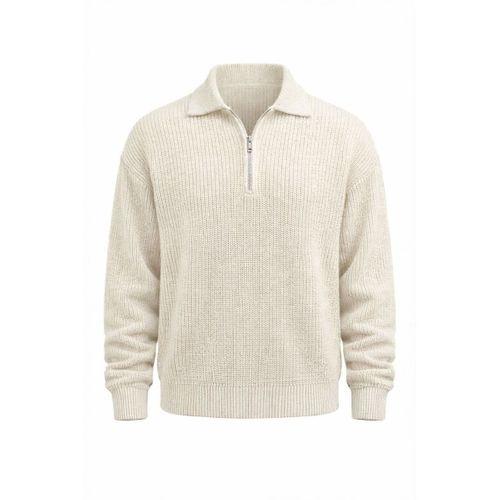 Gibson Oversize Yarım Fermuar Gömlek Polo Yaka Selanik Örme Erkek Triko Kazak - Ekru