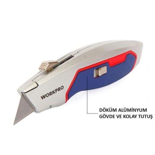 WORKPRO WP213011 Ağır Hizmet Alüminyum Gövde Geri Çekilebilir Rötuş Maket Bıçağı + 3 Adet Yedek Bıçak