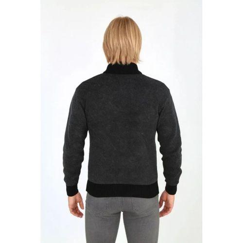 Erkek Fermuarlı Triko Hırka Yüksek Yaka, Cepli, Günlük Şık Rahat Kalıp Triko - Siyah